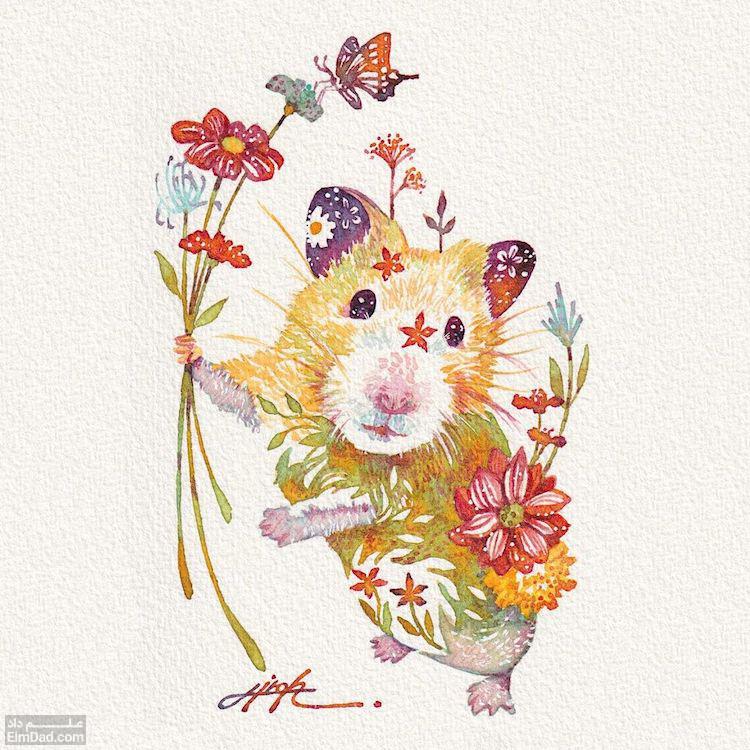 به تصویر کشیدن حیوانات به صورت باغ هایی از گل در نقاشی های آبرنگ هیروکی تاکدا