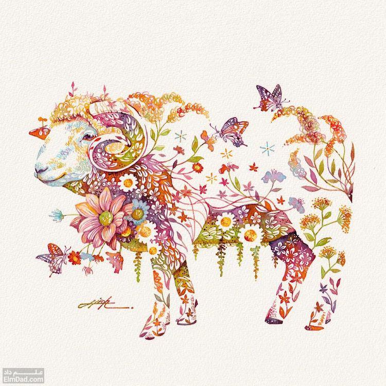 به تصویر کشیدن حیوانات به صورت باغ هایی از گل در نقاشی های آبرنگ Hiroki Takeda