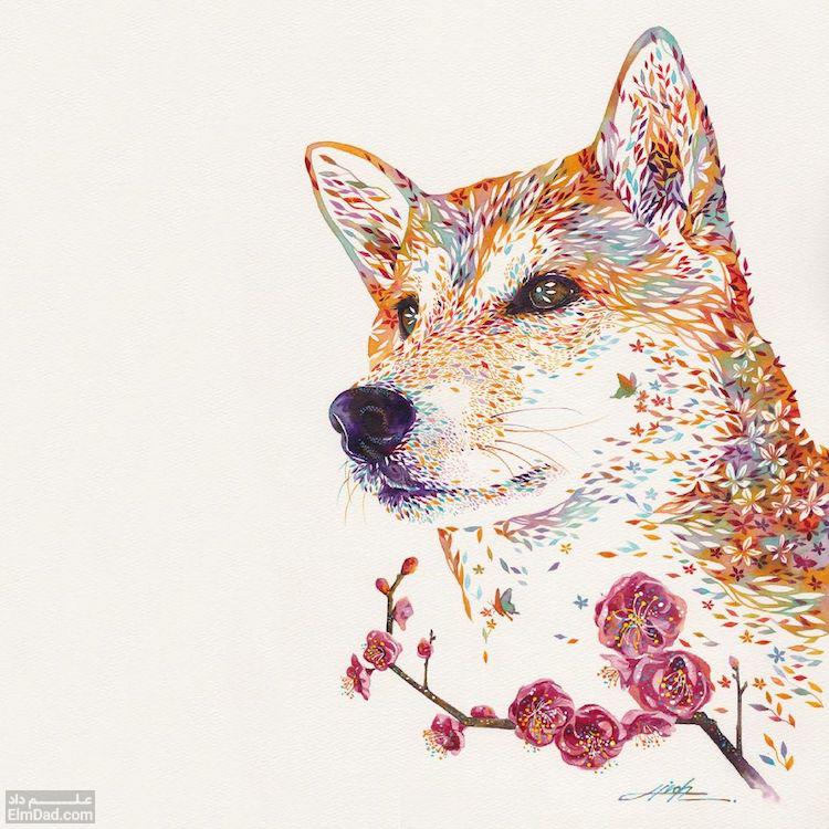 به تصویر کشیدن حیوانات به صورت باغ هایی از گل در نقاشی های آبرنگ Hiroki Takeda