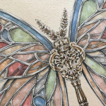نقاشی هایی با الهام از پروانه ها، کلیدها و شیشه های رنگی